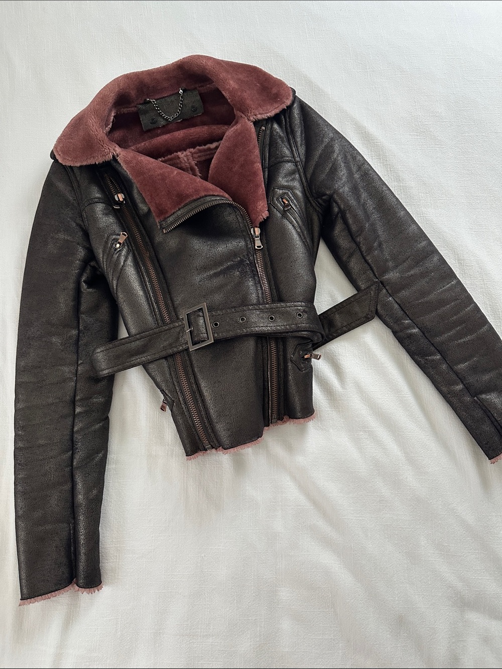 Saks Faux Fur Moto Aviator Jacket Y2K Size Small